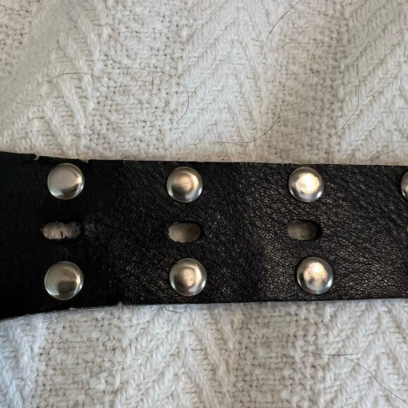Biker Belt in Black Leather w/Silver Metal Links of Skeleton on Motorcycle
